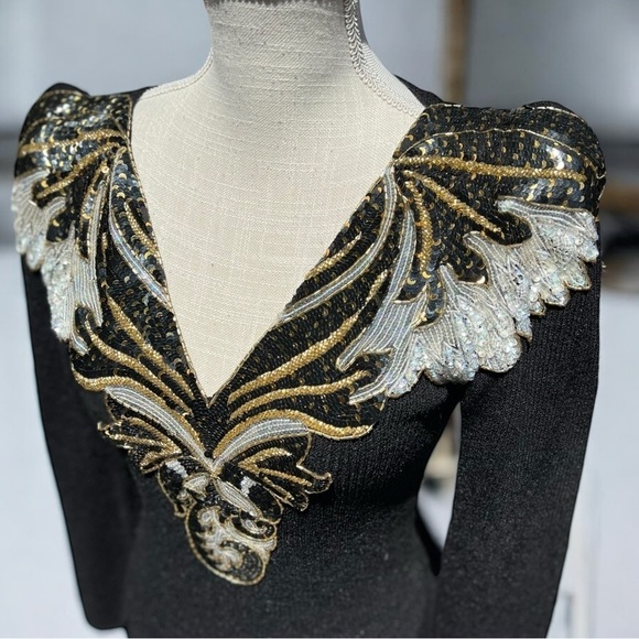 🌻VINTAGE 1980s Pat Sandler for Wellmore Black Knit Sequined Dress Tagged Size 8 - Picture 4 of 14